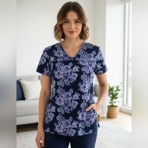 UA Scrubs Dark Blue Purple Floral Short Sleeve Scrubs Top Small